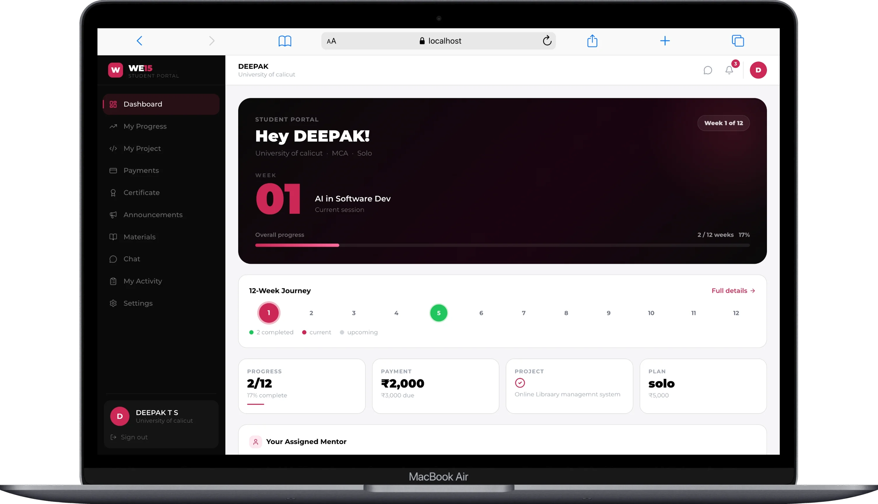 WE15 Student Portal — real dashboard